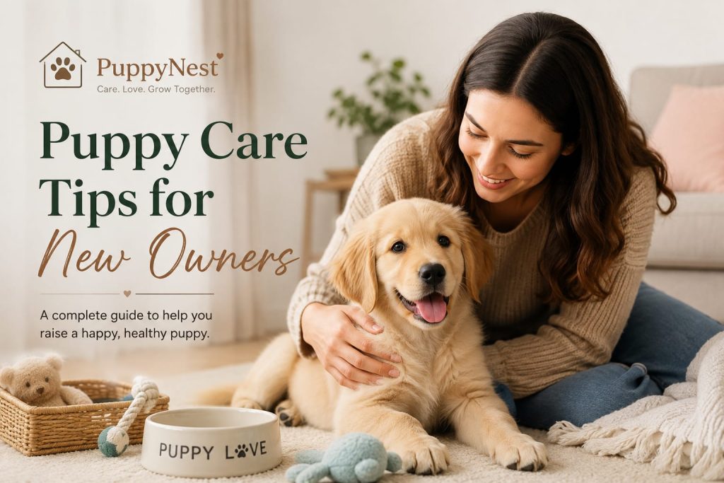 Puppy care tips for new owners with a puppy and owner at home